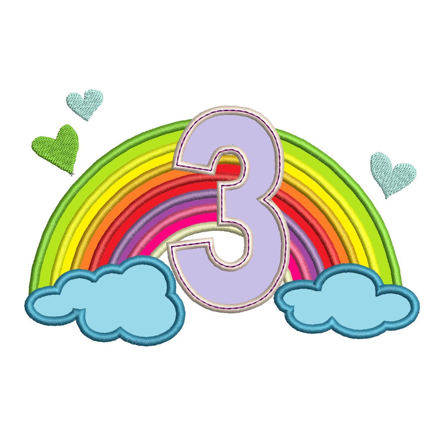 Cute Rainbow Birthday Number 3 three heart machine embroidery applique designs