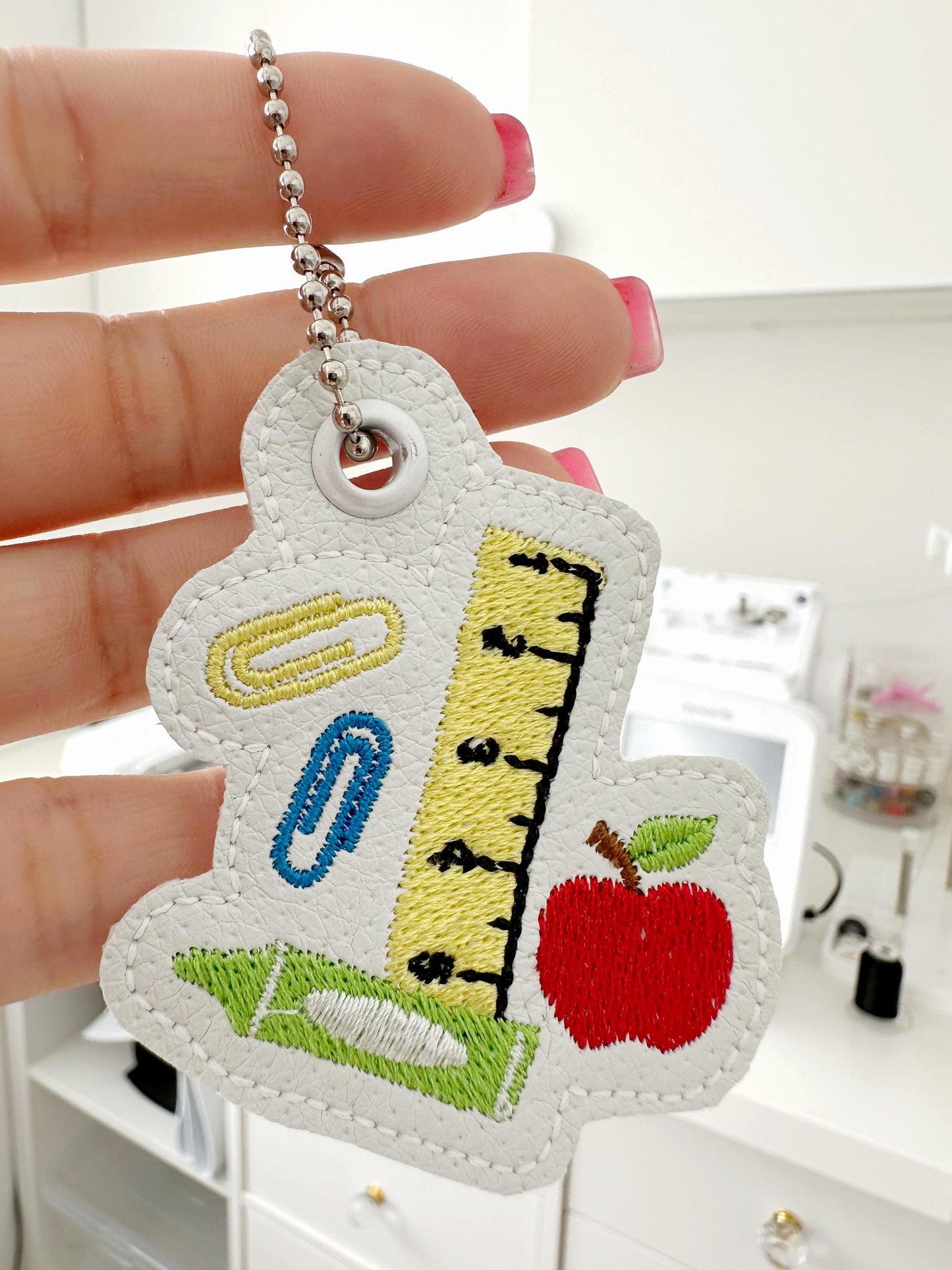 Back to School Teacher tools Eyelet and key fob snap tab keychain in the hoop machine embroidery designs ITH bag tag