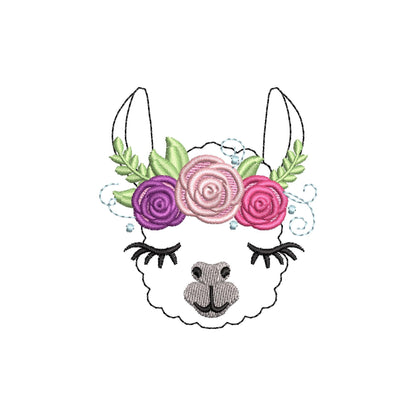 MINI Llama face with rose floral crown 3 roses Alpaca farm animal kids baby girls machine embroidery designs