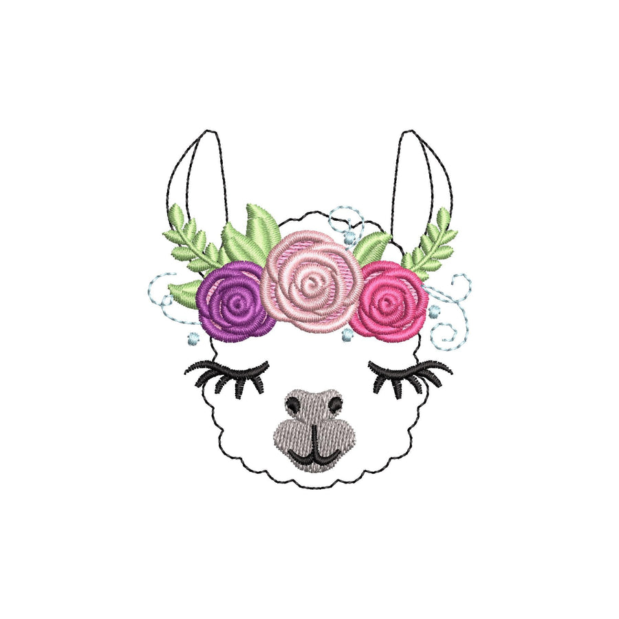 MINI Llama face with rose floral crown 3 roses Alpaca farm animal kids baby girls machine embroidery designs