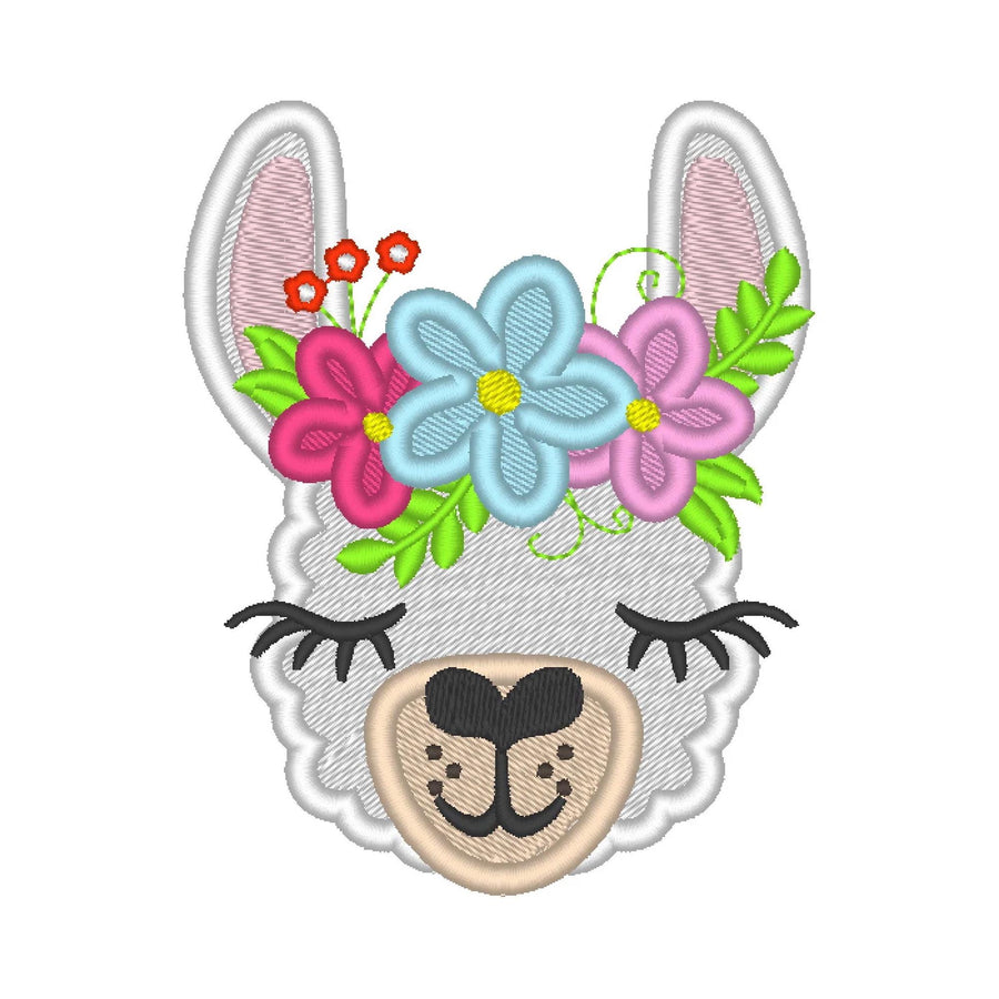 Floral Llama face fill stitch and applique machine embroidery designs alpaca head with shabby chic rose crown floral farm animal