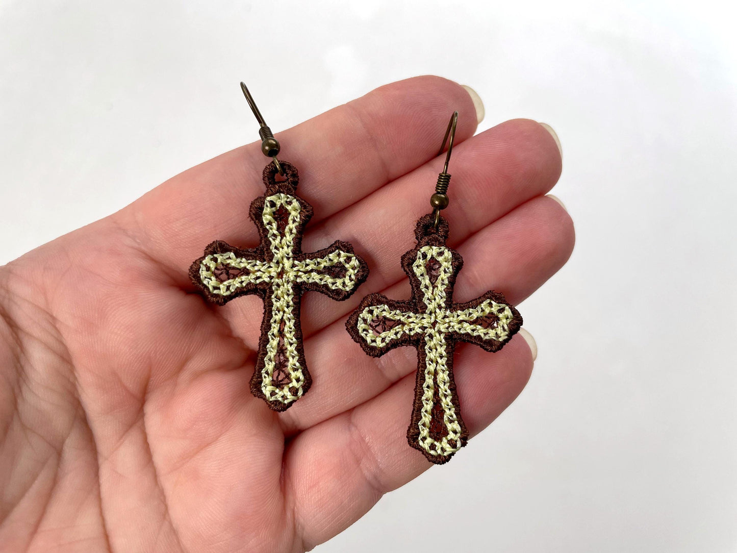 Cross Earrings in the hoop FSL freestanding lace machine embroidery designs Christian Cross Religious charm ITH