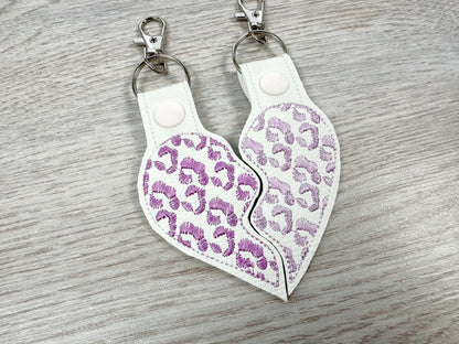 Leopard print Split Heart Eyelet and Key Fob Snap Tab keychain in the hoop machine embroidery designs ITH Valentines Day friends bag tag