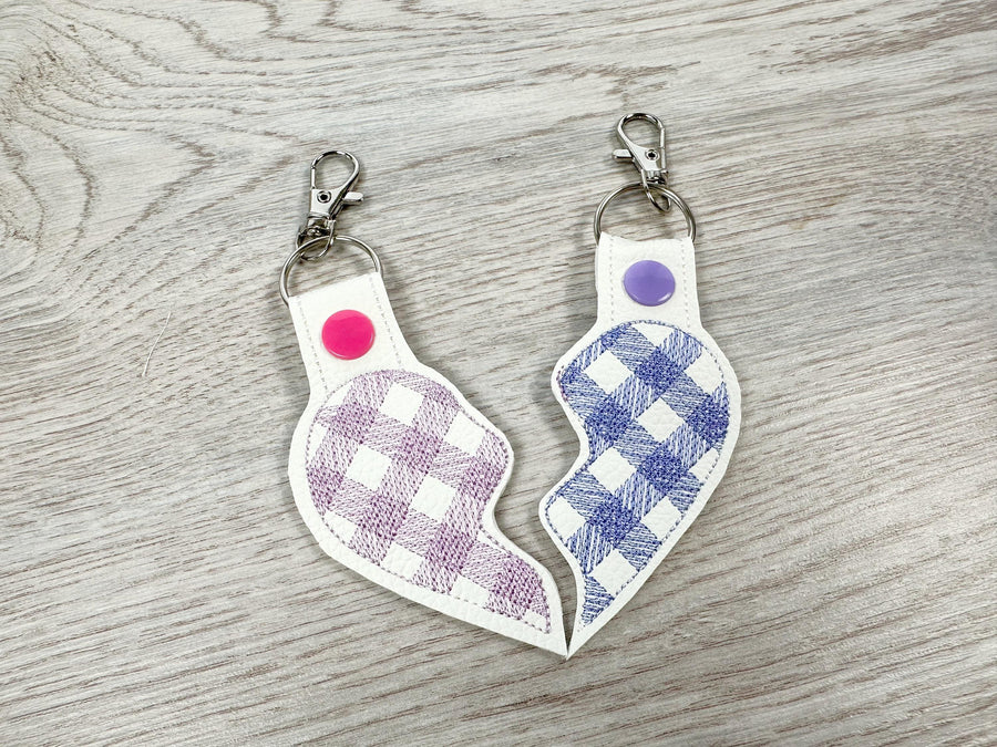 Buffalo Plaid Split Heart Eyelet and Key Fob Snap Tab keychain in the hoop machine embroidery designs ITH Valentines Day friends