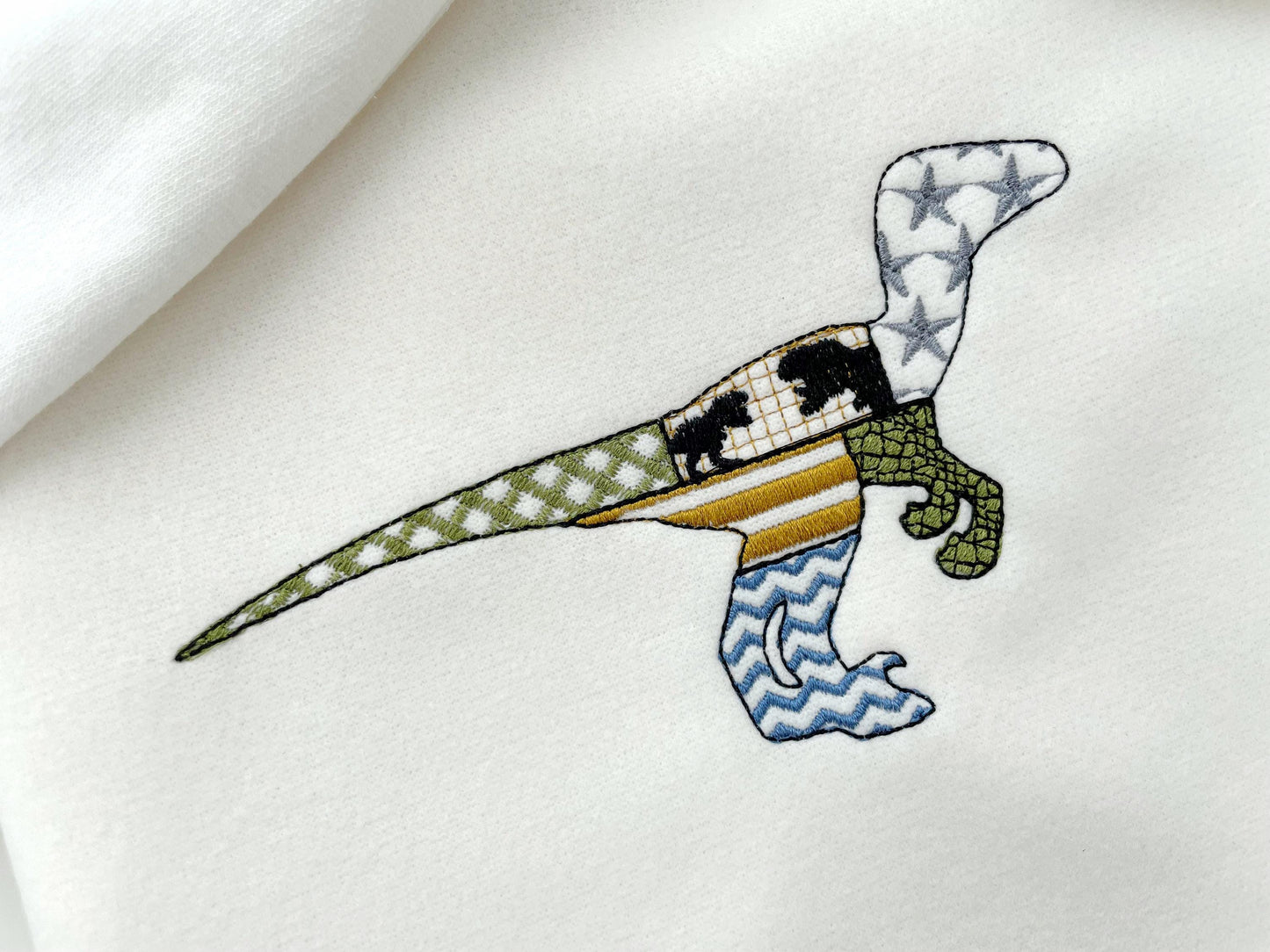 Patchwork Velociraptor dinosaur Jurassic animal silhouette patterned outline kids boys machine embroidery designs