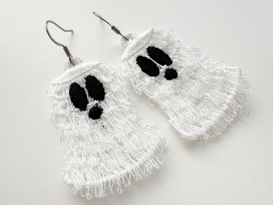 Spooky Ghost fringed fluffy Halloween Ghost girls pretty earrings charm in the hoop FSL freestanding lace machine embroidery designs