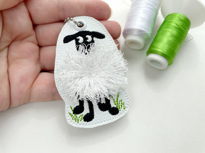 Fringed Fluffy Sheep Eyelet keychain in the hoop ITH machine embroidery designs cute little Lamb kids backpack bag tag