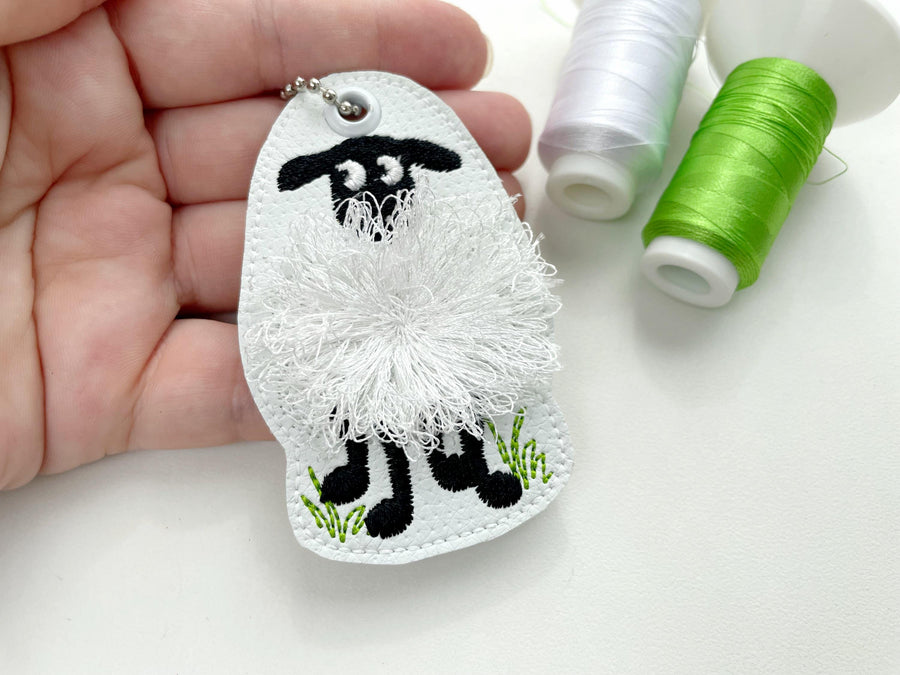 Fringed Fluffy Sheep Eyelet keychain in the hoop ITH machine embroidery designs cute little Lamb kids backpack bag tag