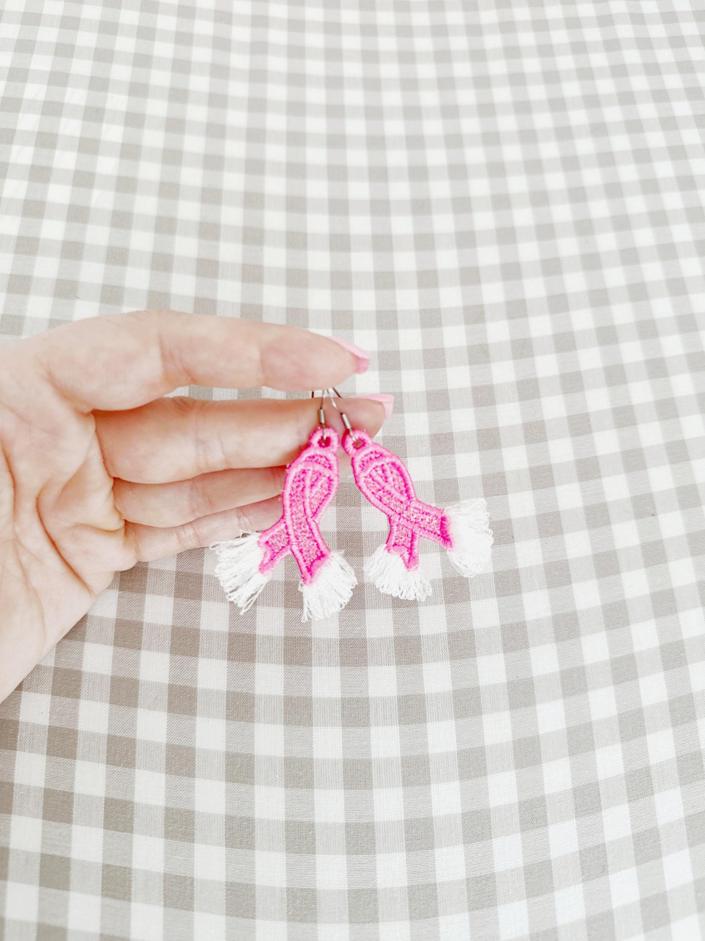 Fringed Pink Ribbon Earrings FSL