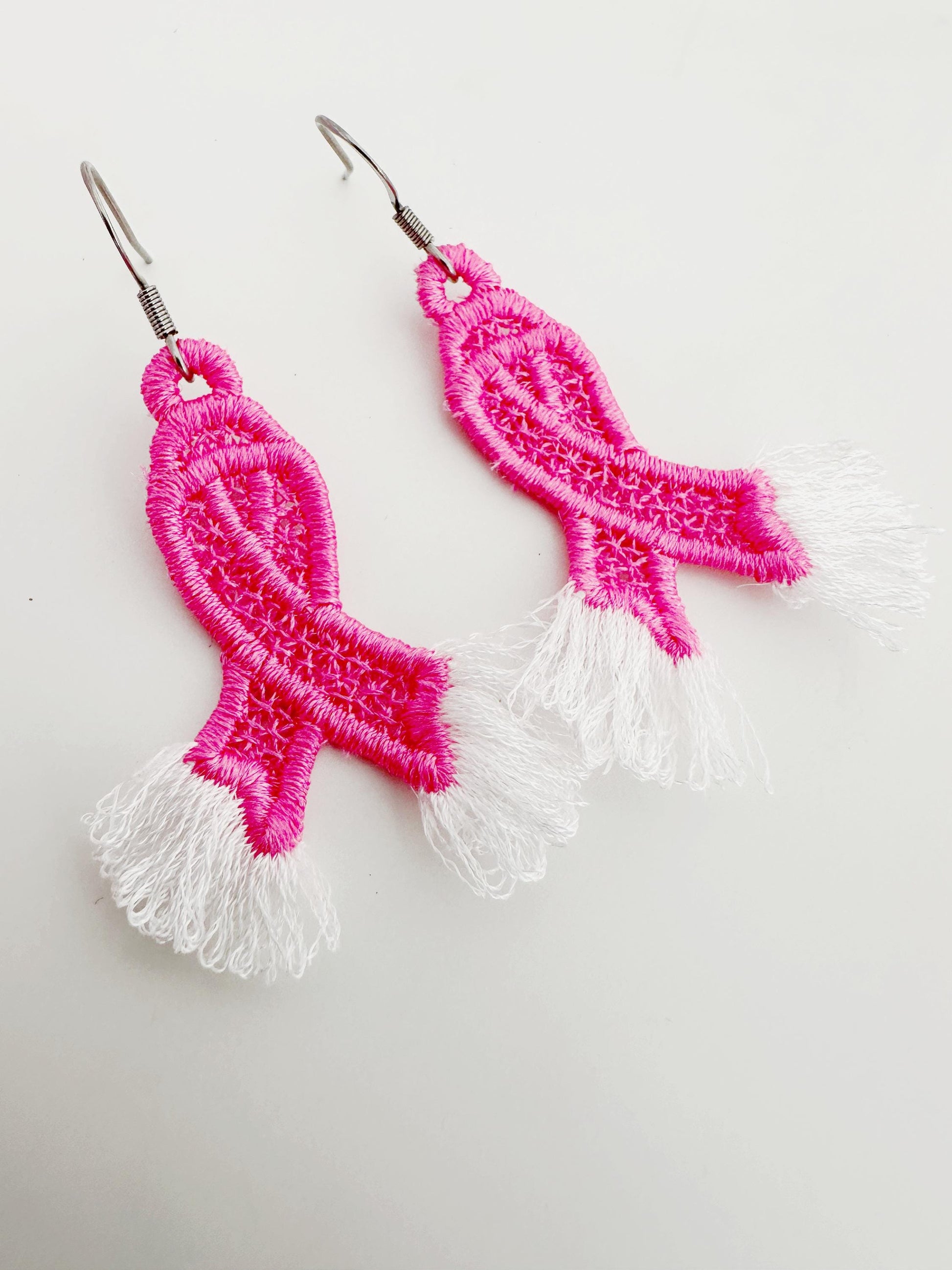 Fringed Pink Ribbon earrings FSL freestanding lace machine embroidery designs Cancer Ribbon meaningful charm pendant