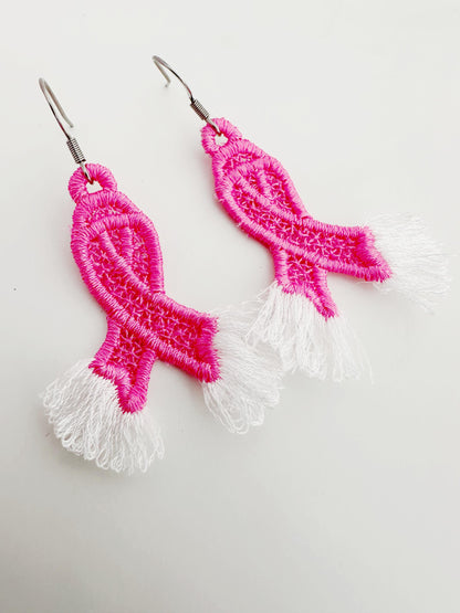 Fringed Pink Ribbon earrings FSL freestanding lace machine embroidery designs Cancer Ribbon meaningful charm pendant