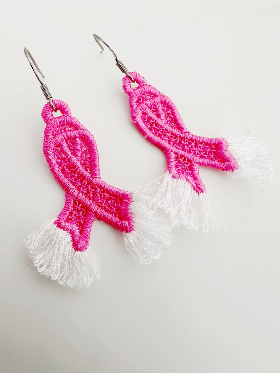 Fringed Pink Ribbon earrings FSL freestanding lace machine embroidery designs Cancer Ribbon meaningful charm pendant