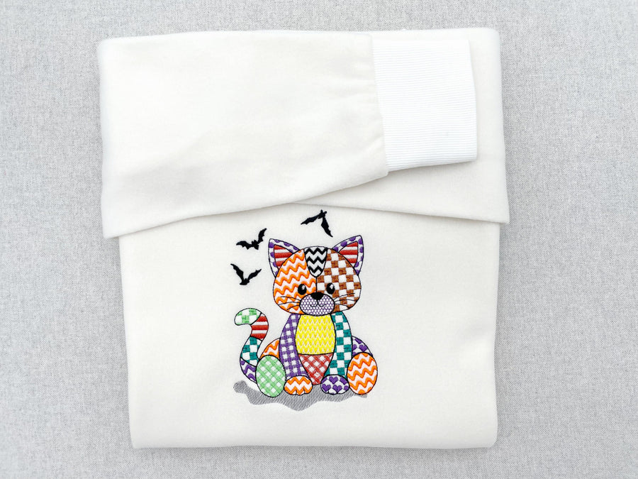 Halloween Patchwork Spooky Cat and Bat patterned Kitty soft toy outline kids baby machine embroidery designs
