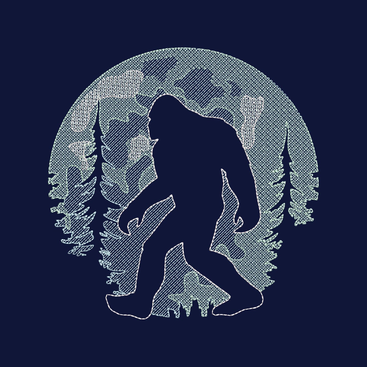 Yeti Sasquatch Bigfoot silhouette outline in Moonlight embossed effect terry towel machine embroidery designs