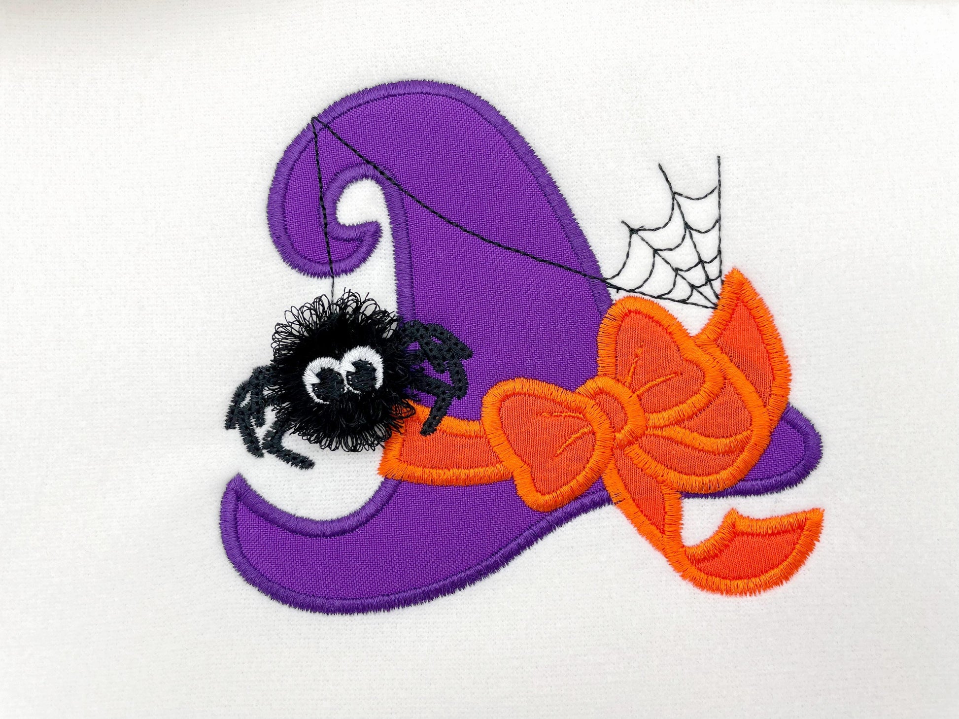 Halloween Witch Hat Applique with Bow and Fluffy Spider accent fringed machine embroidery designs kids girls spooky