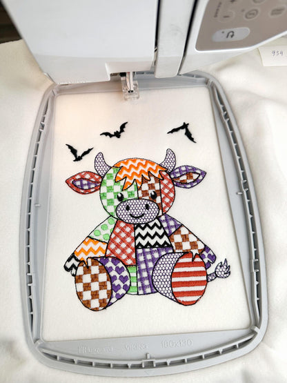 Halloween Patchwork Spooky Cow Bull Calf and Bat patterned Cow soft toy outline kids baby machine embroidery designs