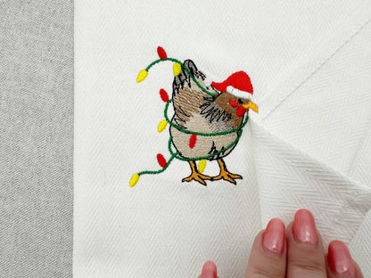 Cute Playing Chicken with Christmas lights animal Thief kitchen dish towel Farm bird machine embroidery designs ITH in the hoop