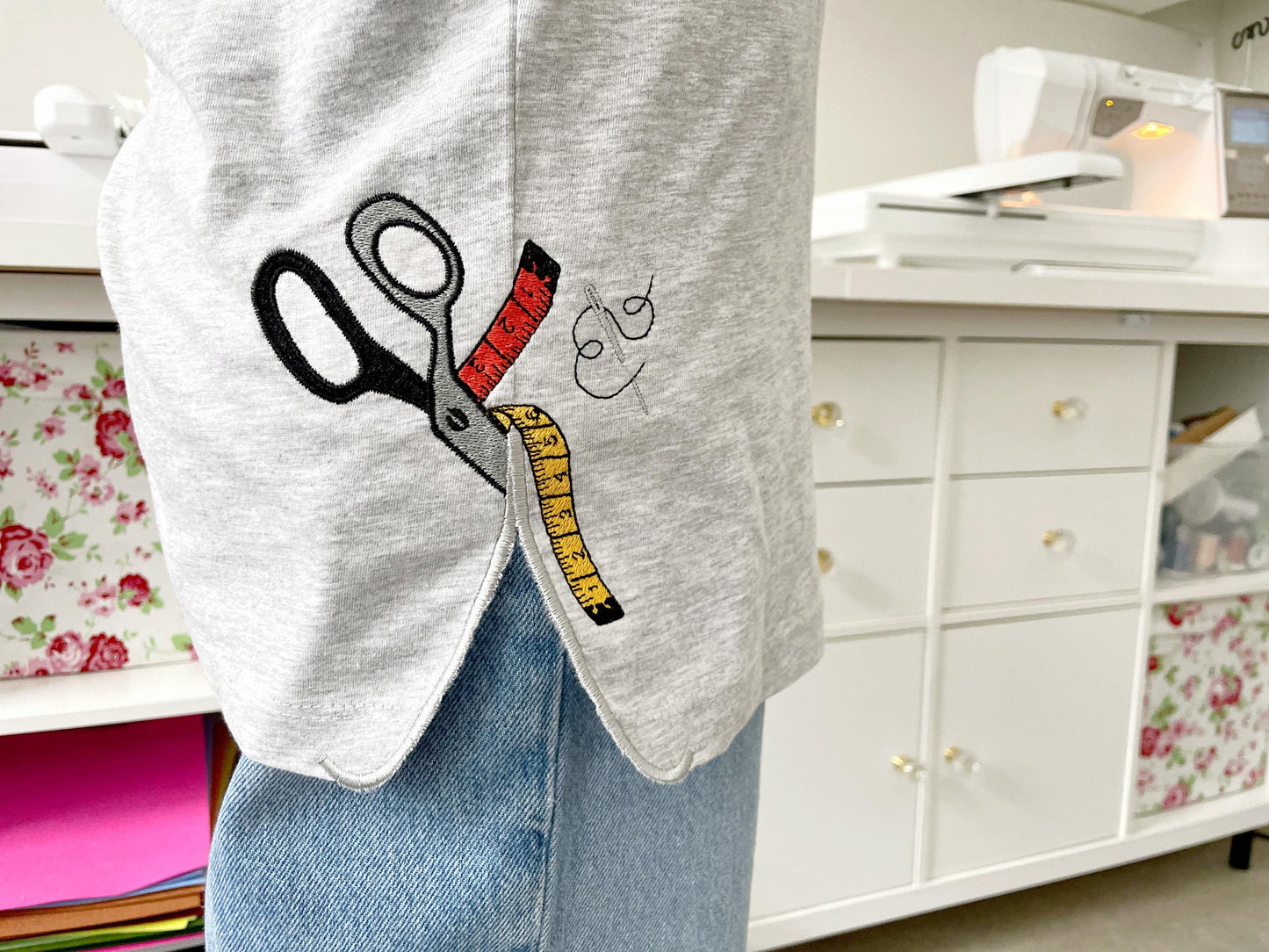 Seamstress Tools Tailor split side seam cutout side bow machine embroidery designs sweatshirt t-shirt outfit Scissors Needle Measuring Tape