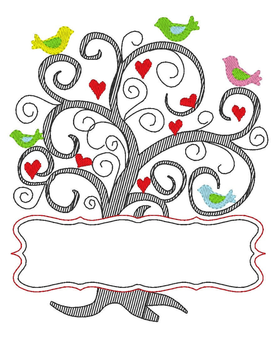 Family Tree with Banner Set heart bird and mini font machine embroidery designs