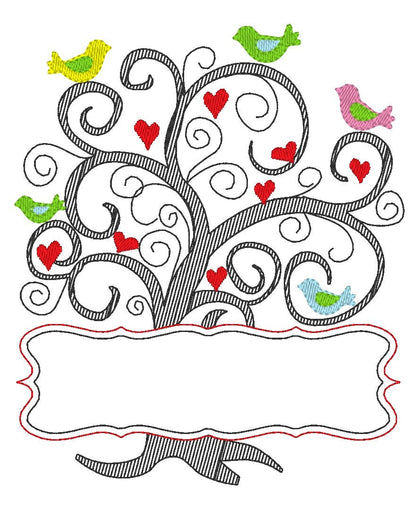 Family Tree with Banner Set heart bird and mini font machine embroidery designs