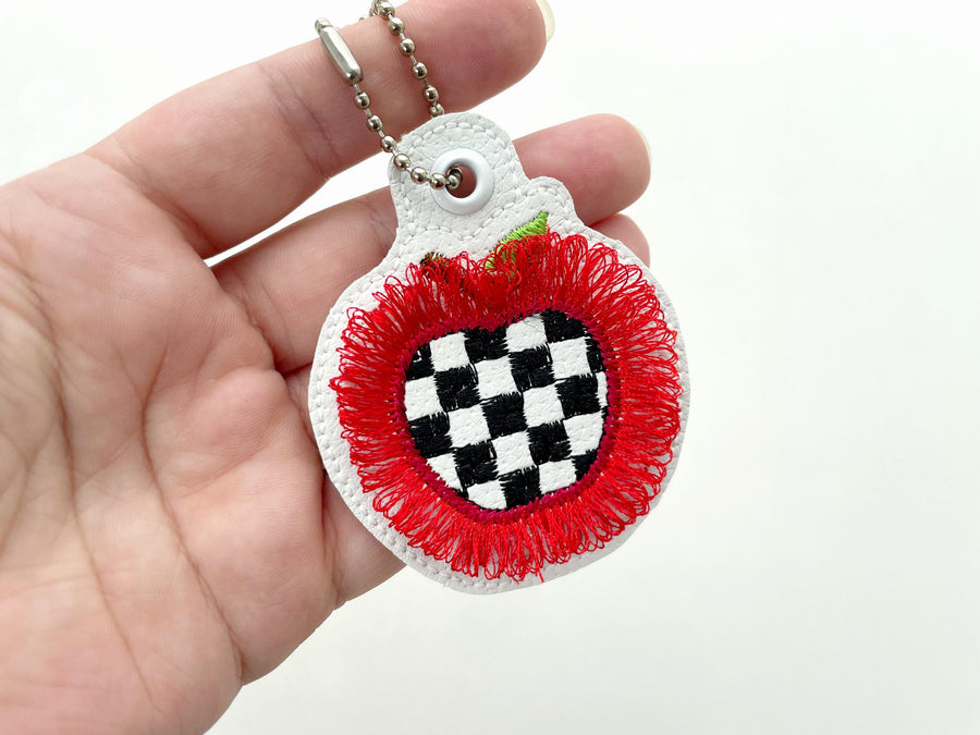 Checkered patterned Apple key fob snap tab and eyelet Fringed Fluffy Fruit keychain in the hoop machine embroidery designs