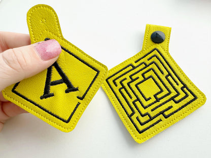 Diamond Shape Labyrinth frame and initial Monogram Eyelet and Key Fob snap tab in the hoop ITH keychain machine embroidery designs