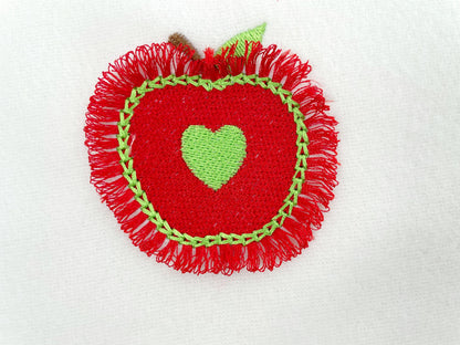 Cute Fringed Apple with Heart fill stitch machine embroidery designs fluffy Fruit Fall design back to school