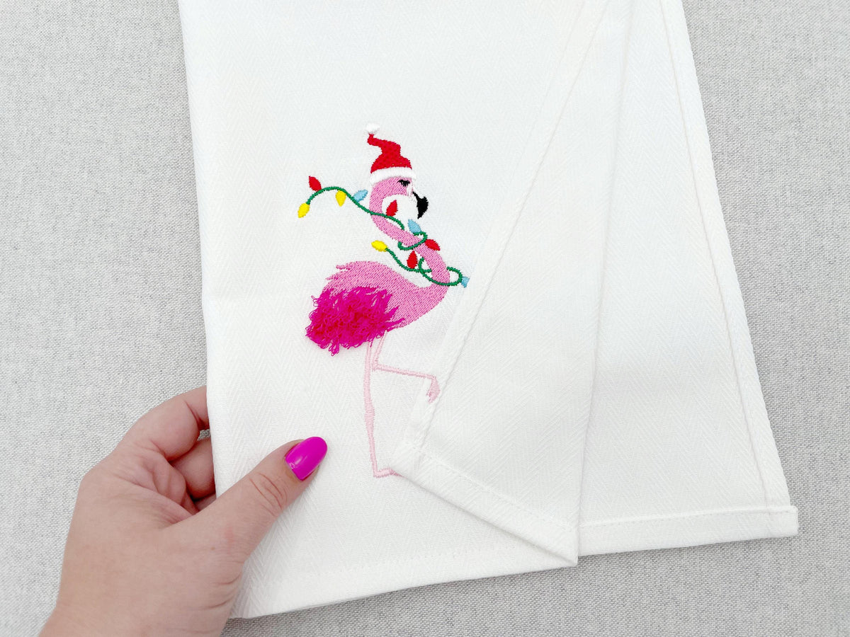 Playing Christmas Flamingo stealing kitchen dish towel bird Thief with Santa hat machine embroidery designs ITH
