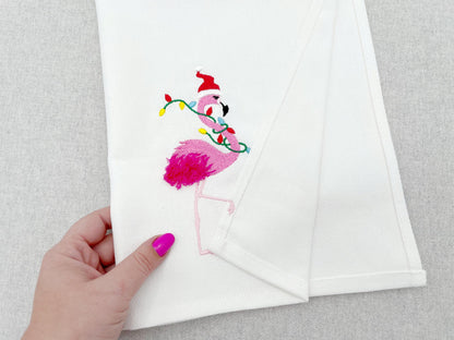 Playing Christmas Flamingo stealing kitchen dish towel bird Thief with Santa hat machine embroidery designs ITH