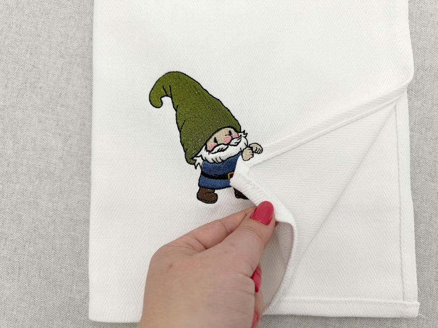 Naughty Gnome stealing kitchen dish towel thief Machine Embroidery Design ITH project simply in the hoop kids funny Holiday Gift idea