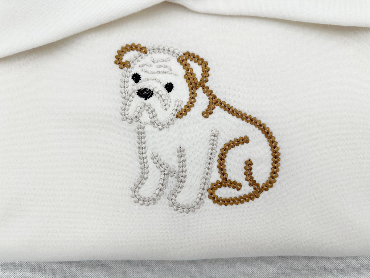 English Bulldog puppy dog outline chunky thread effect chain stitch machine embroidery designs