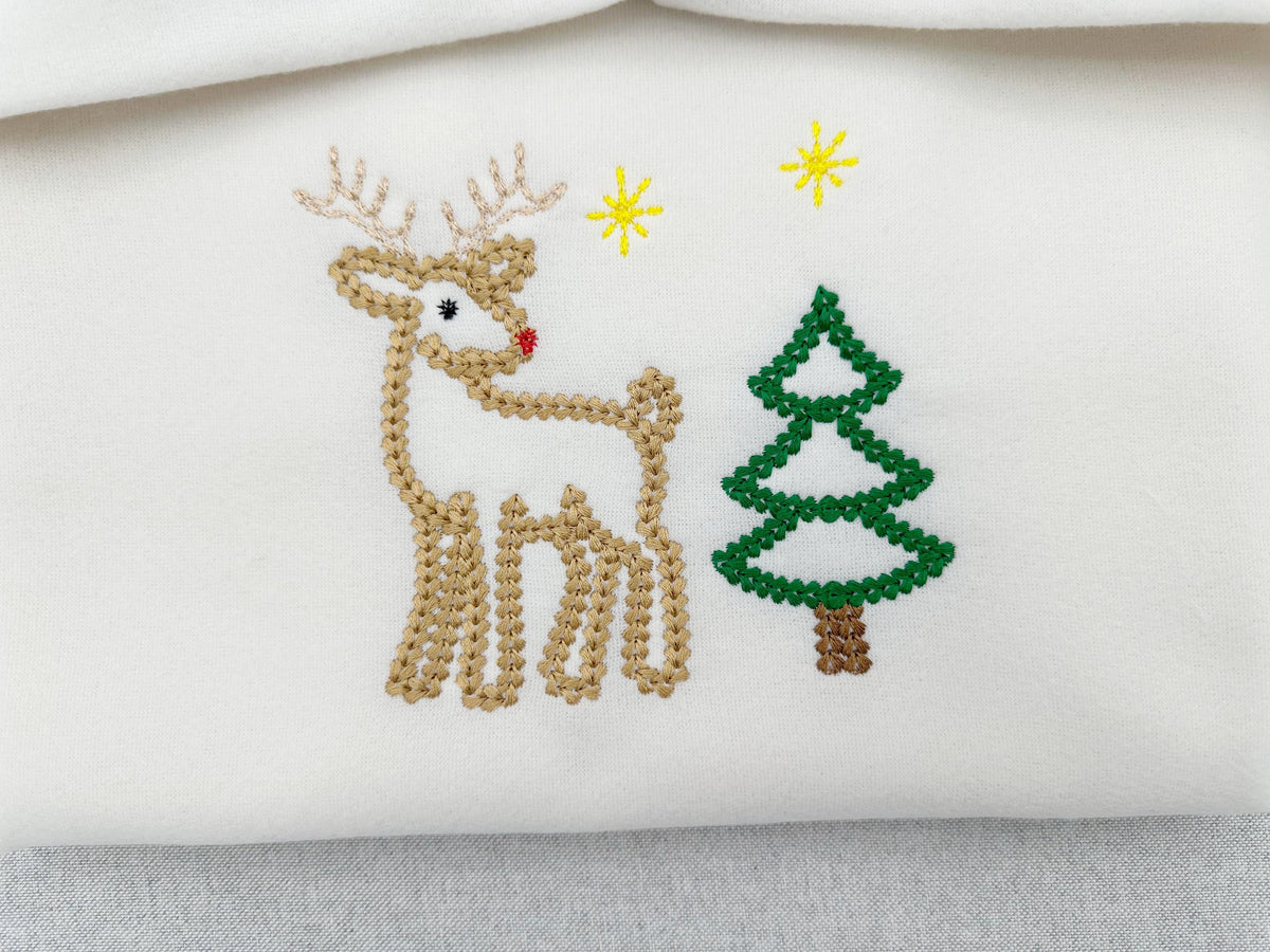 Deer Reindeer and Christmas Tree SET of 2 chunky thread effect outline machine embroidery designs wild animal kids