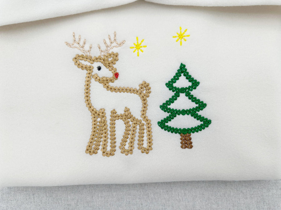 Deer Reindeer and Christmas Tree SET of 2 chunky thread effect outline machine embroidery designs wild animal kids