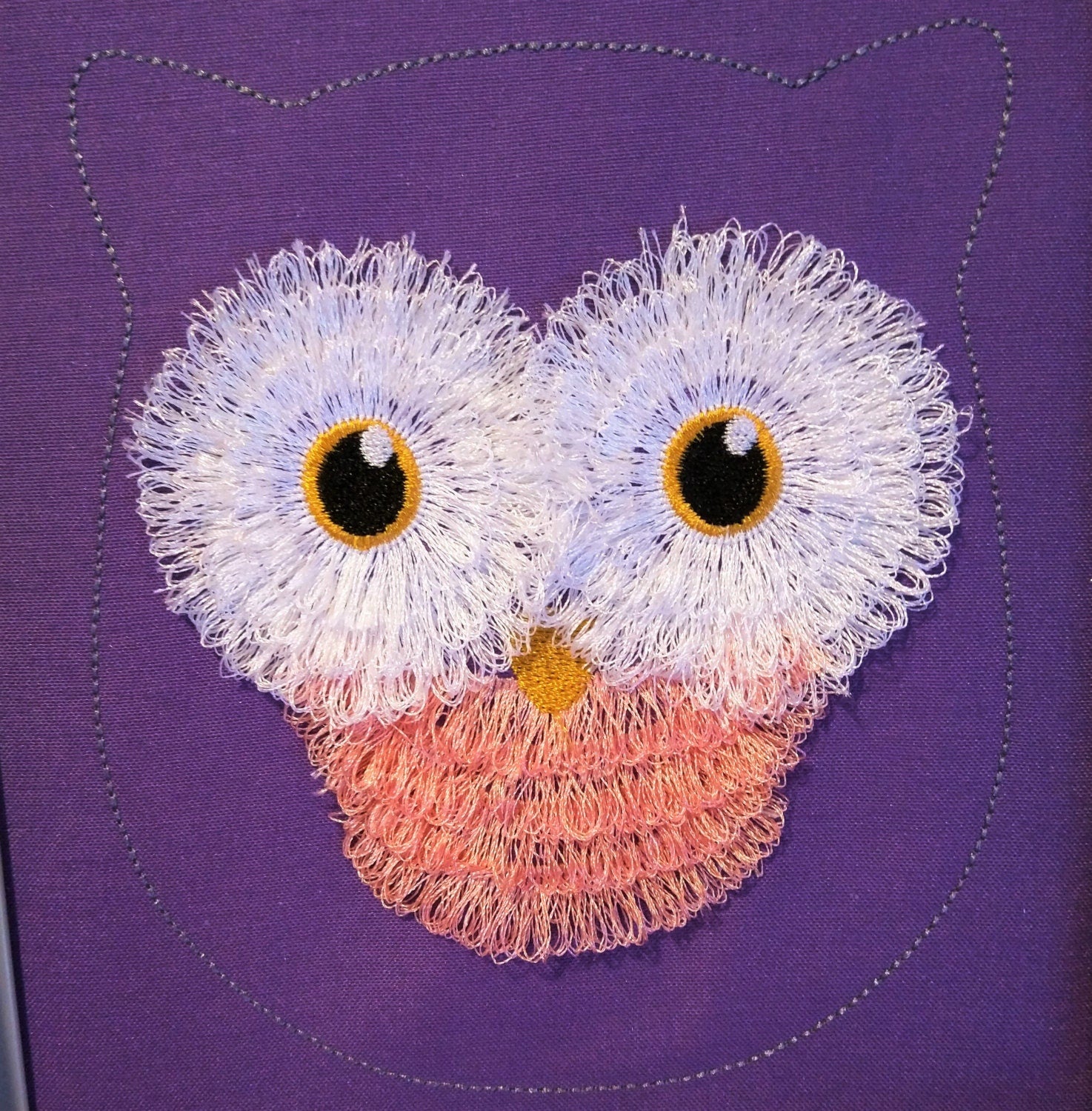 Owl outline with Fringed Fluffy feather effect applique machine embroidery designs