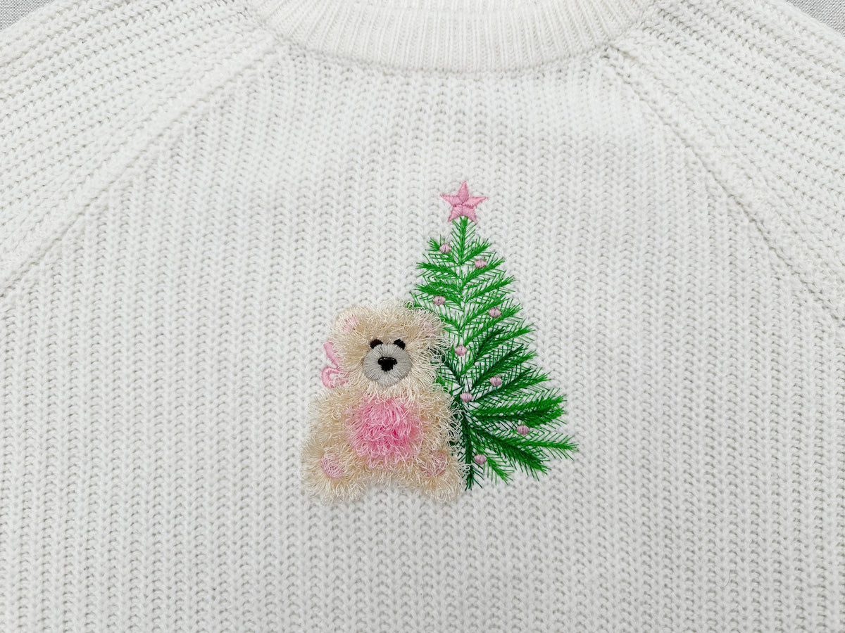 Cute Fringed Teddy Bear with fluffy Christmas Tree with holiday lights machine embroidery designs Christmas kids outfit
