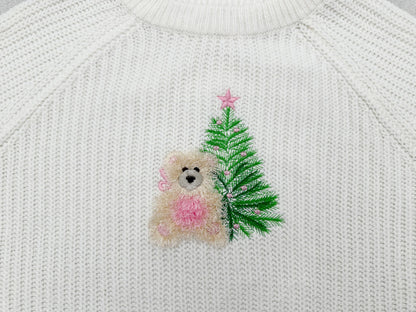 Cute Fringed Teddy Bear with fluffy Christmas Tree with holiday lights machine embroidery designs Christmas kids outfit