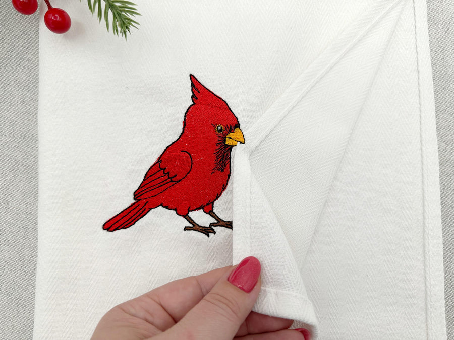 Naughty Red Cardinal Bird Stealing Kitchen Dish Towel Christmas Towel Thief Machine Embroidery Design ITH winter bird simply in the hoop