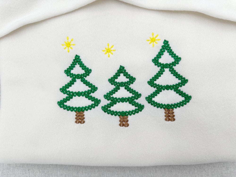Sparkling Woodland Christmas Tree in a row outline chunky thread effect machine embroidery designs winter holidays