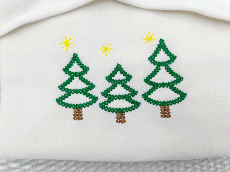 Sparkling Woodland Christmas Tree in a row outline chunky thread effect machine embroidery designs winter holidays