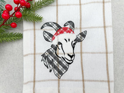 Merry Christmas Goat Santa gingham tartan patterned farm animal Pillow or Kitchen dish towel machine embroidery design sizes 4 up to 6 inch