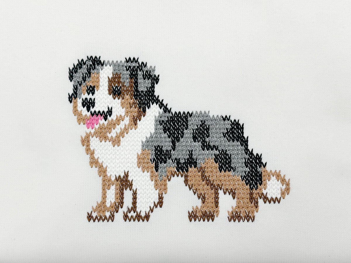 Knit stitch Australian Shepherd Puppy Dog cozy chunky knitted sweater effect Aussie machine embroidery design many sizes 5 up to 10.5 inches