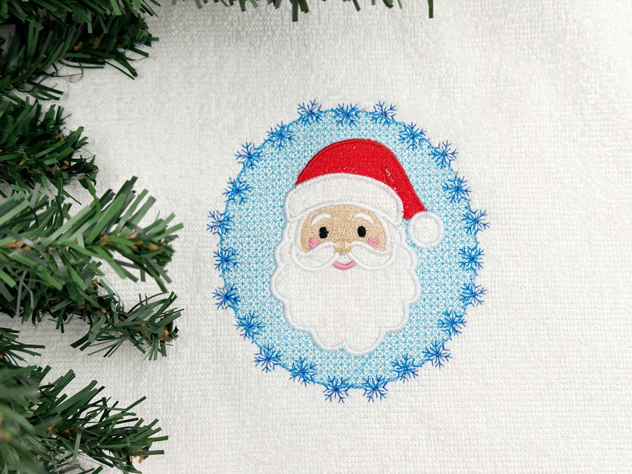 Embossed Christmas Santa Claus Snowflake frame Terry Towel machine embroidery design cute winter Holiday kids gift idea sizes 4 and 5 inches