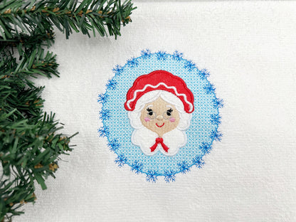 Embossed Christmas Mrs Santa Claus Snowflake frame Terry Towel machine embroidery design winter Holiday kids gift idea sizes 4 and 5 inches