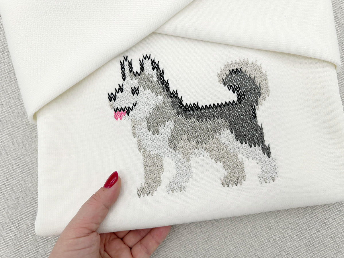 Knit stitch Husky Puppy Dog cozy chunky knitted sweater effect Siberian Alaskan Husky machine embroidery design sizes 4 up to 11.5 inches