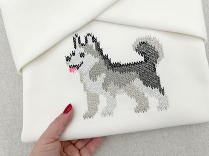 Knit stitch Husky Puppy Dog cozy chunky knitted sweater effect Siberian Alaskan Husky machine embroidery design sizes 4 up to 11.5 inches