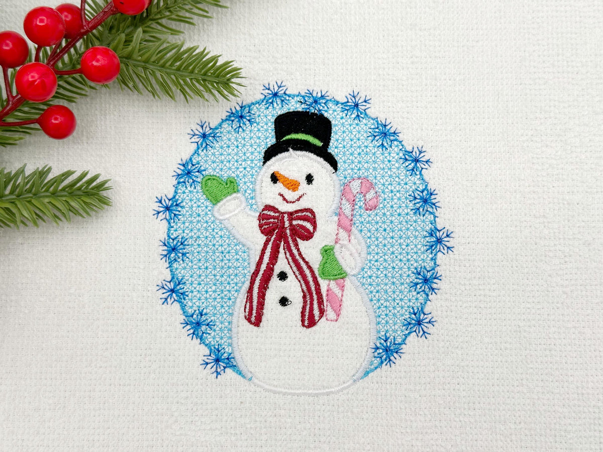 Embossed Christmas Snowman Snowflake frame Terry Towel machine embroidery design cute winter Snowman kids gift idea sizes 4 and 5 inches
