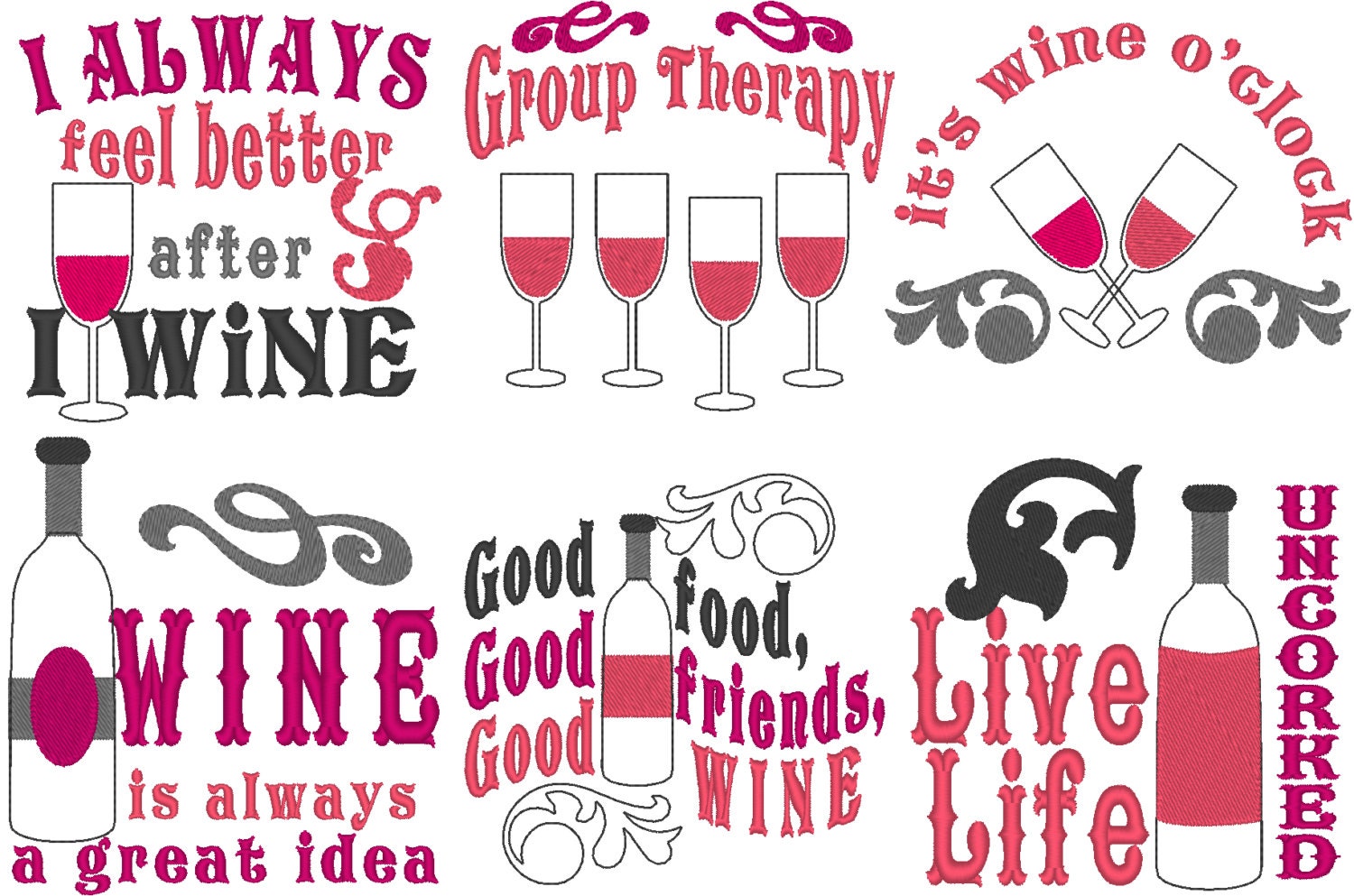 Wine Friends Set of 6 Saying Quote wine bottle bag machine embroidery designs