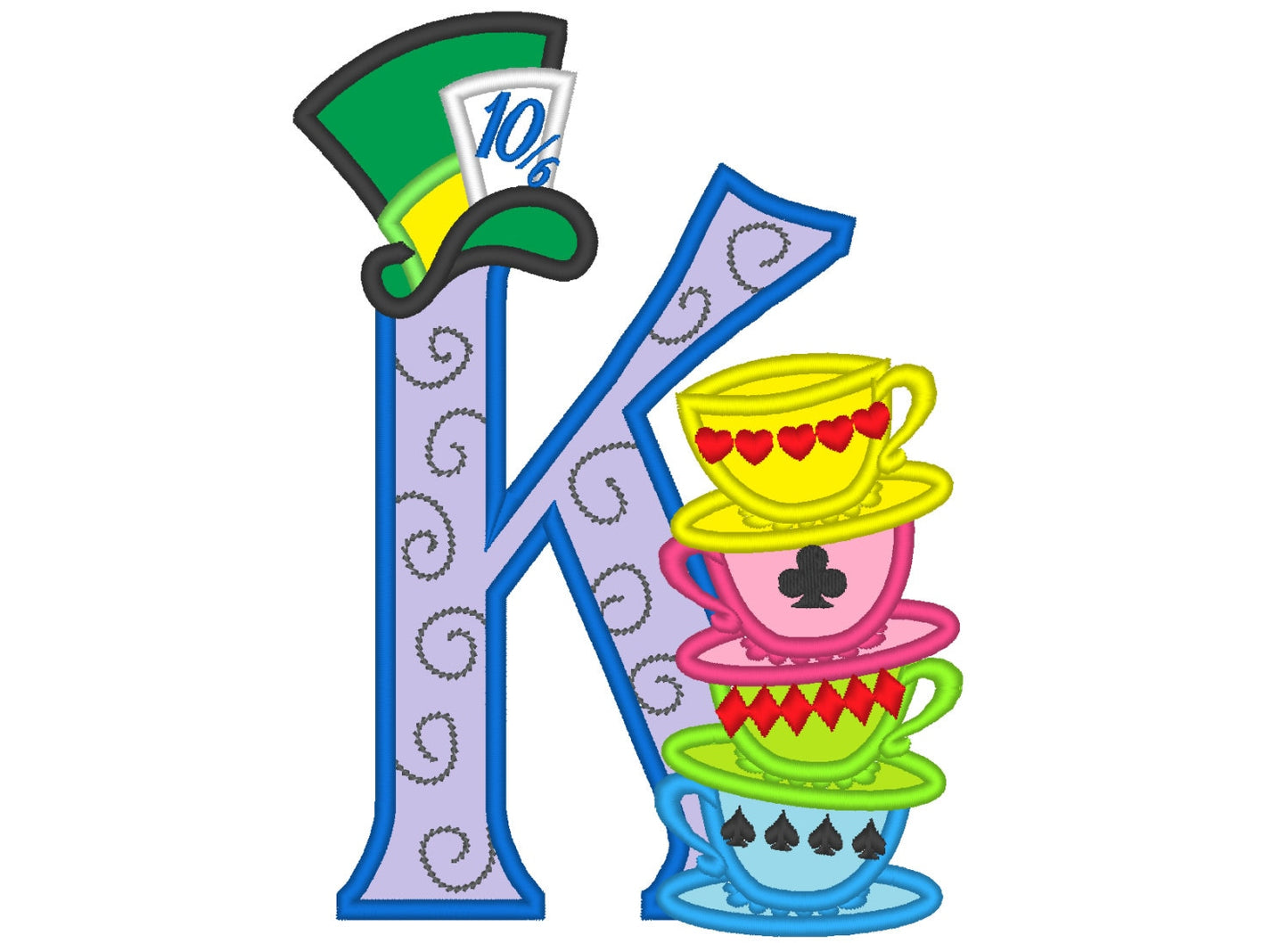 Mad hatter tea party entire alphabet A-Z Applique hat – Instant Download | Artapli