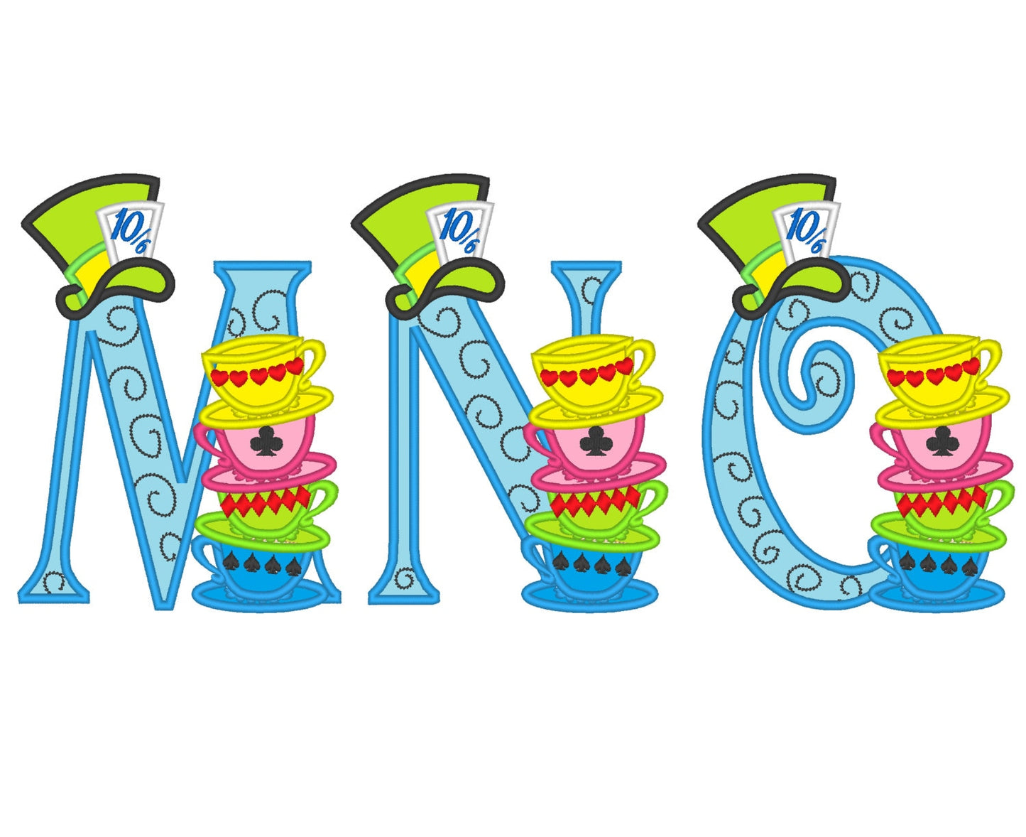 Mad hatter tea party entire alphabet A-Z Applique – Embroidery Font 5" 7" | BX PES DST JEF | Artapli