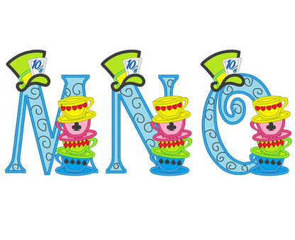 Mad hatter tea party entire alphabet A-Z Applique – Embroidery Font 5" 7" | BX PES DST JEF | Artapli